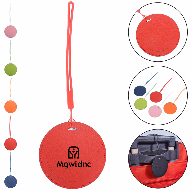 Round Thick PU Leather Luggage Tag with Hanging Rope