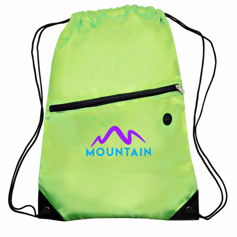 Polyester 210D Drawstring Bag w/ Zippered Pocket - 13.5"W x