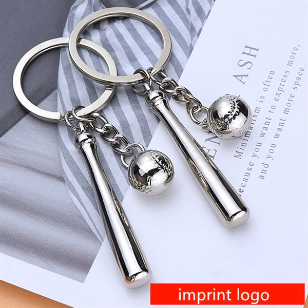 Custom Metal 3D Baseball Keychain with Bat, 2.17 x 0.31 — Sports Fan Promotional Item