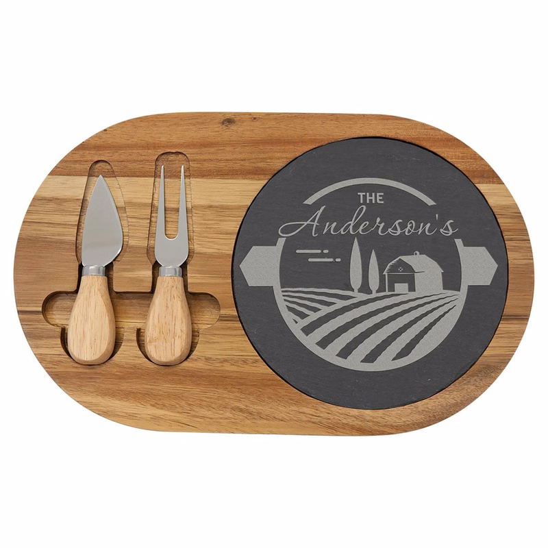 Acacia Wood/Slate Oval Cheese Set with Two Tools