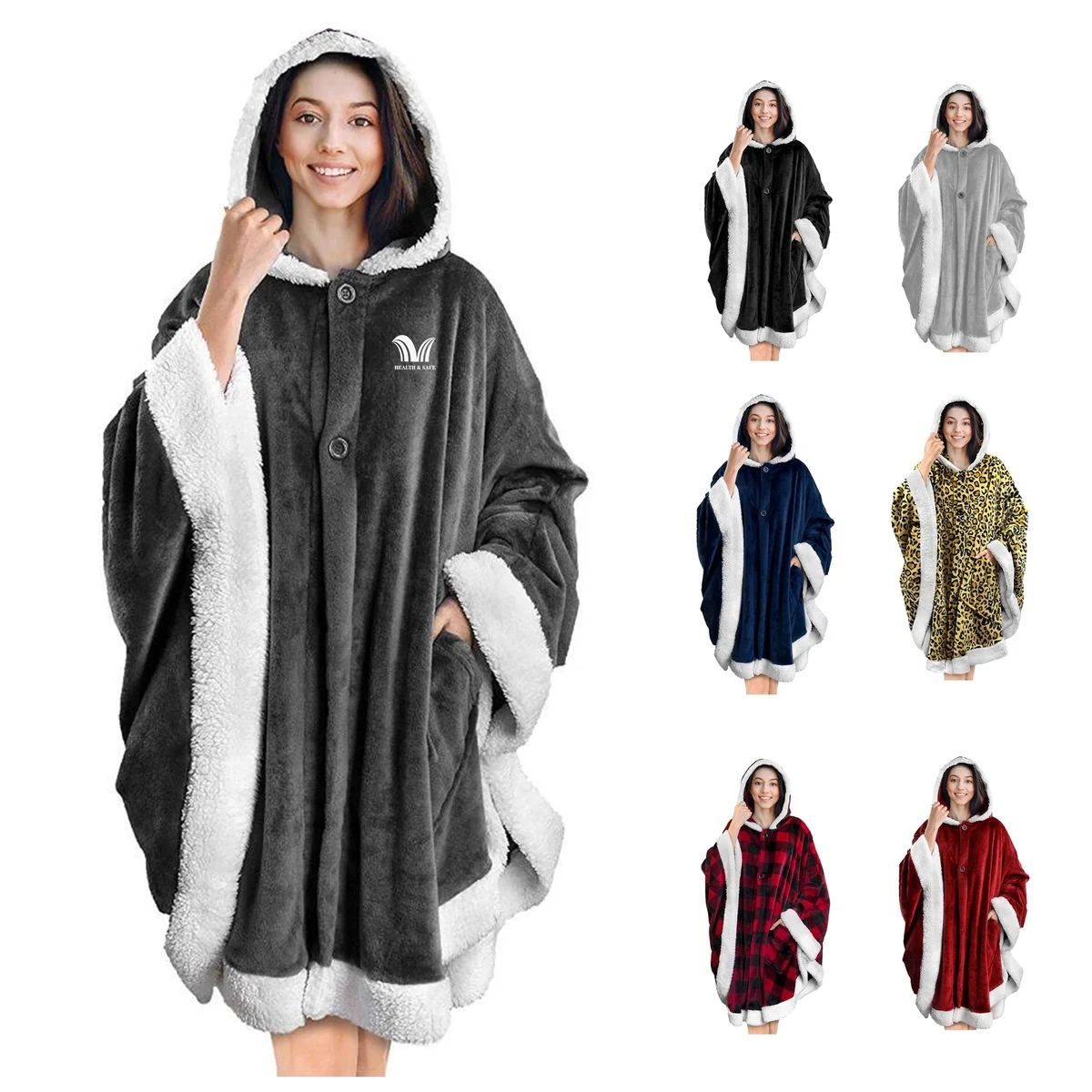 Poncho Hooded Blanket Wrap With Pockets Sherpa Fleece 1