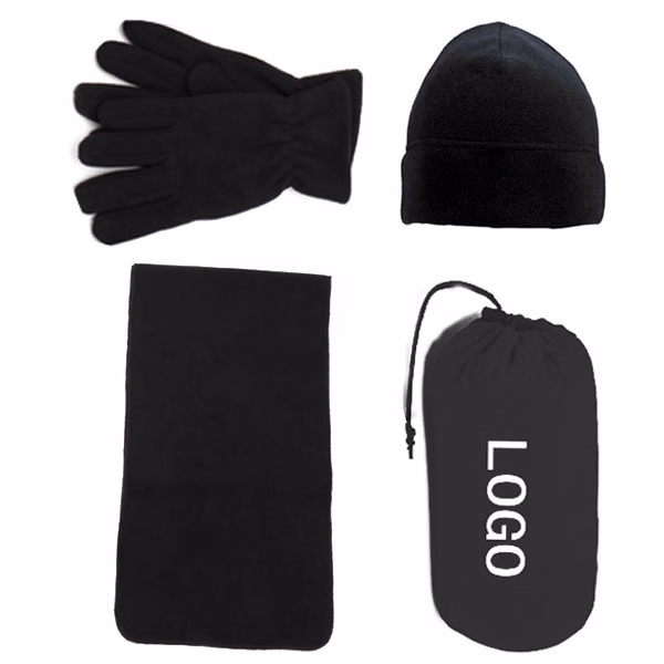 Fleece Winter Set - Beanie, Gloves, Scarf with Pouch