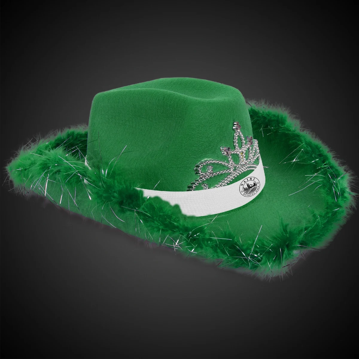 Green Light Up Cowboy Hat w/ Tiara and Feather(White Imprinted Band) 1