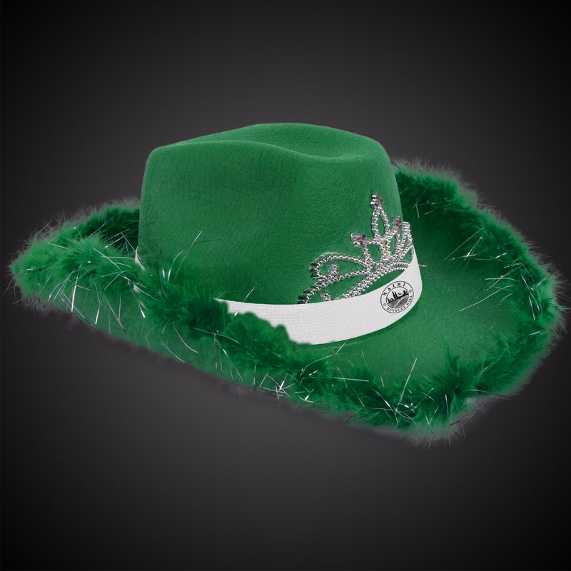Green Light Up Cowboy Hat w/ Tiara and Feather(White Imprinted Band)