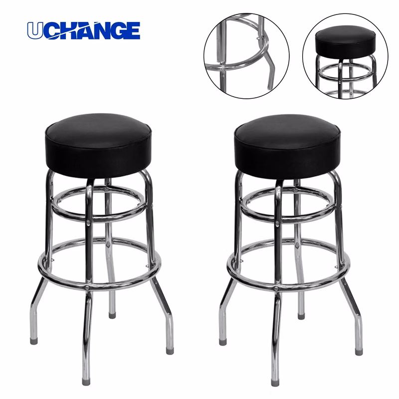 Round Padded Bar Stool With Chrome-Plated Base