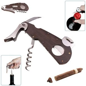 Cigar Cutter And Bottle Opener With Wood Handle And Corkscrew 1