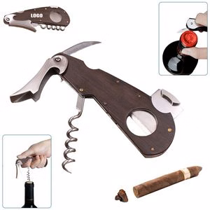 Cigar Cutter And Bottle Opener With Wood Handle And Corkscrew