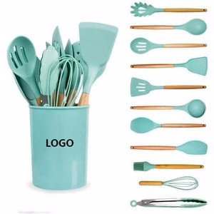 Silicone Cooking Utensil Set With Wood Handle