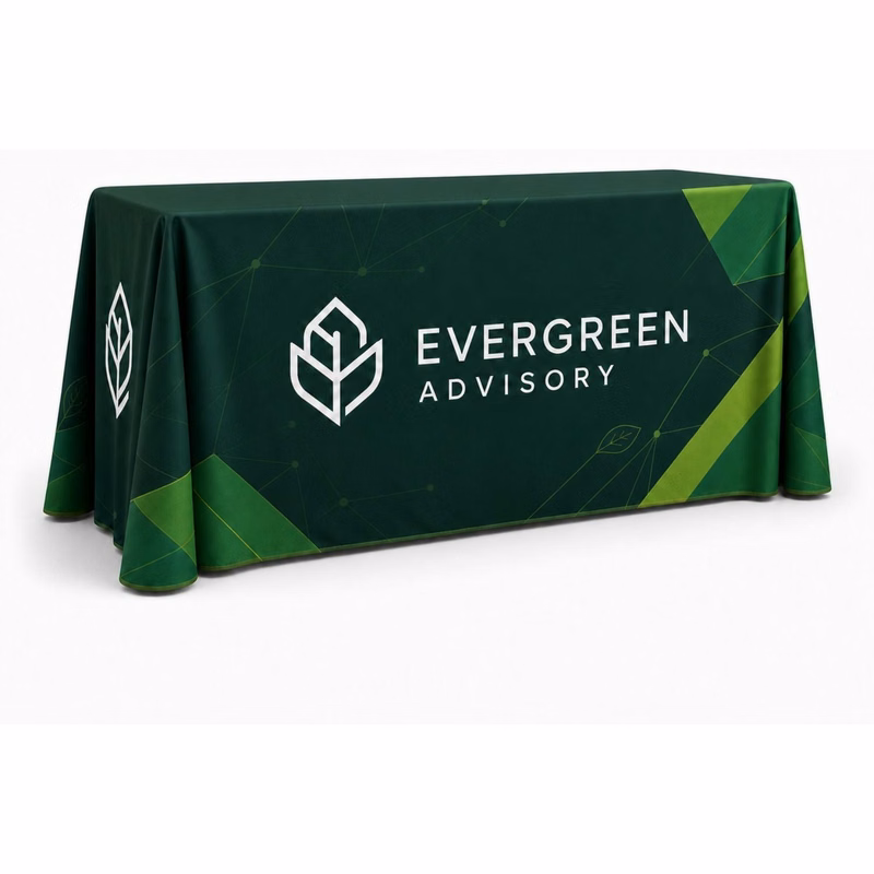 24 Hr Express Ship - Sublimated Table Cloth for 6' Table, Drape Style, 3 sided, Open Back