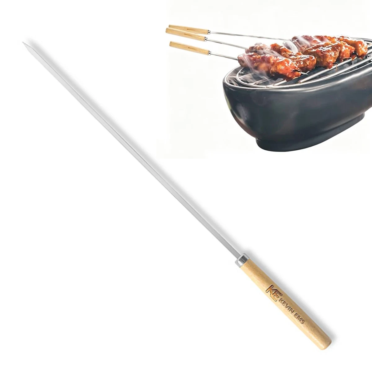 Wooden Handle Stainless Steel Barbecue Stick 1