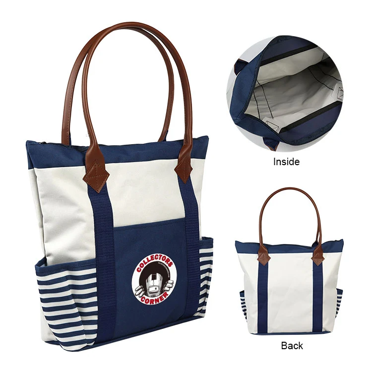 600D Navy Style Boat Tote Bag w/Leather Handles 1