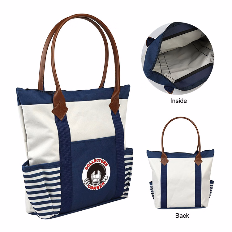 600D Navy Style Boat Tote Bag w/Leather Handles