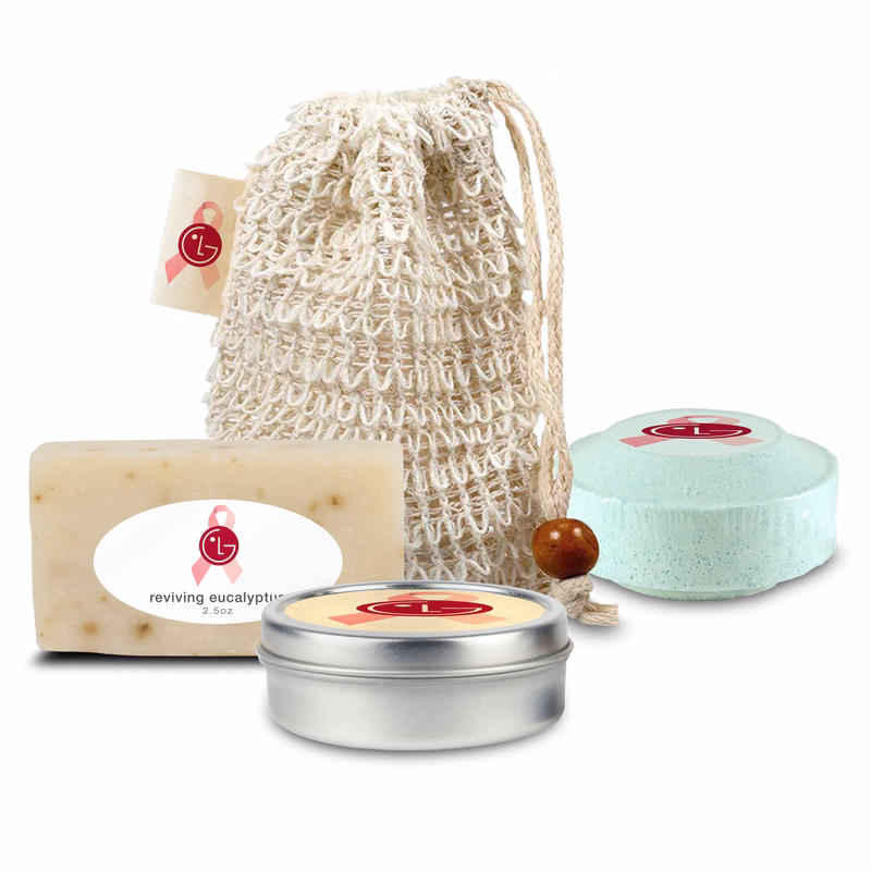 Loofah Bag with Mini Soap, Shower Steamer, and Candle Tin