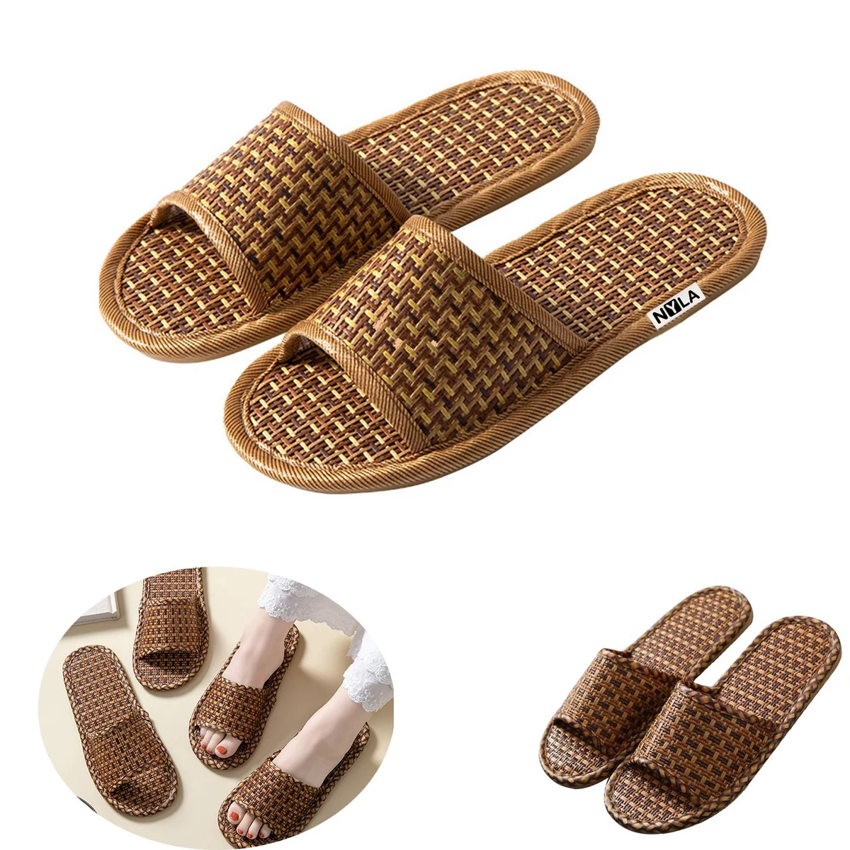 Straw Woven Bamboo Cane Linen Slippers 1