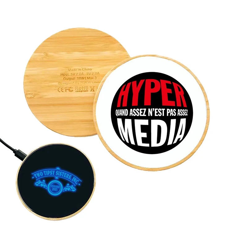 Round Light Up Logo Bamboo Wireless Charger 1
