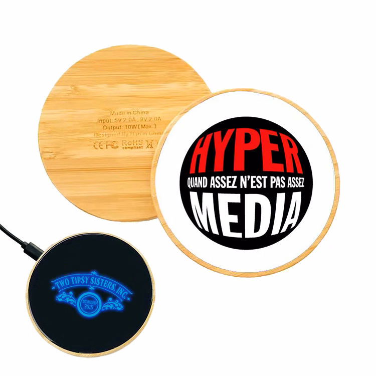 Round Light Up Logo Bamboo Wireless Charger