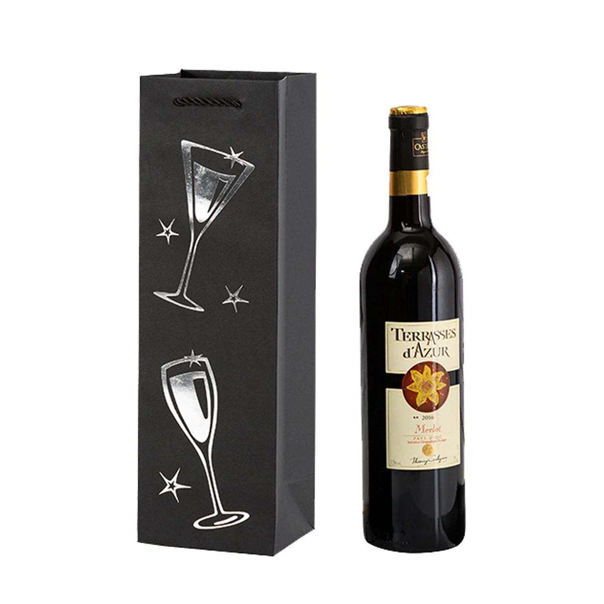 Black Paper Single Wine Bag With Rope Handle 1