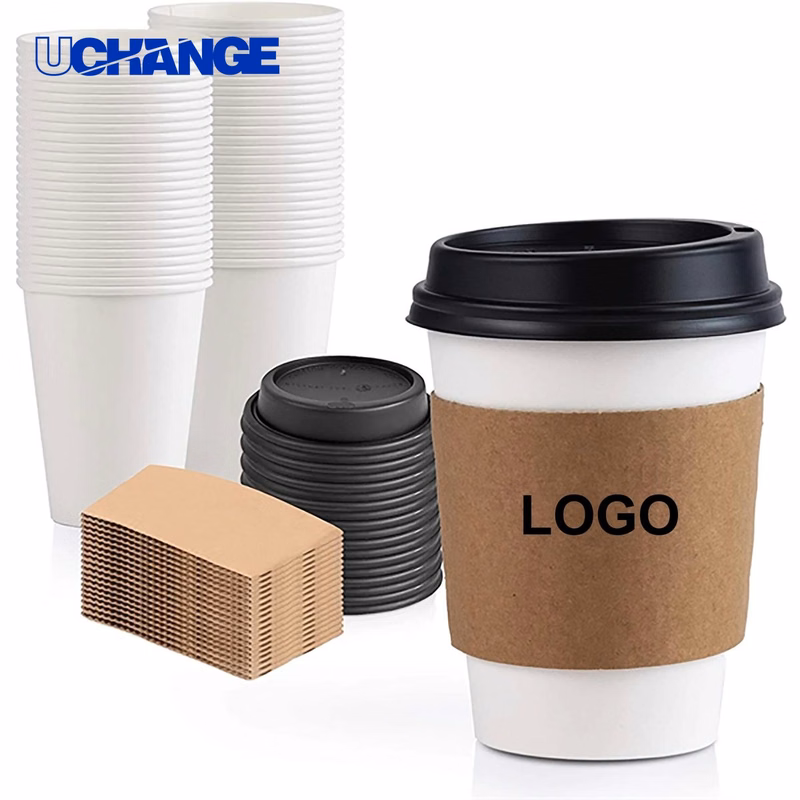 Disposable Paper Coffee Cup Container with Sleeve and Lid (16 oz)