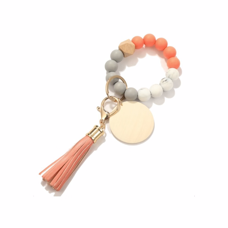 MOQ 10 PCS Durable Silicone Key Bead Wood Bracelet Keychain