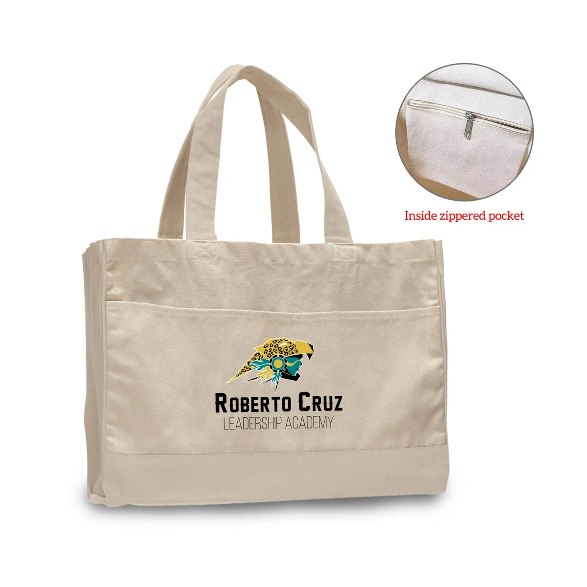 12 oz. Cotton Canvas Natural Self Fabric Handles Tote Bag/w inside zipper pocket_R114NBT 1