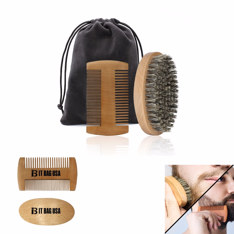 Wooden Beard Comb And Brush Set
