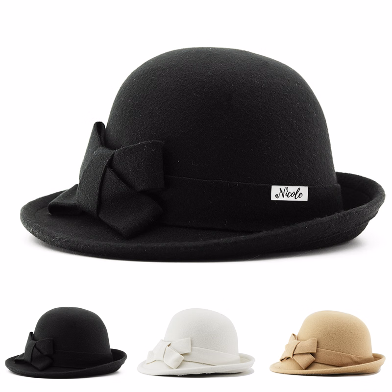 Custom Polyester Vintage Rolled Brim Bowler Hat with Bow