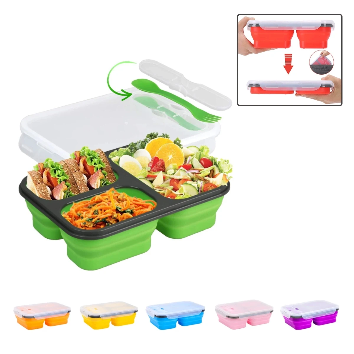 Collapsible Silicone Lunch Boxes with Fork and Spoon 1