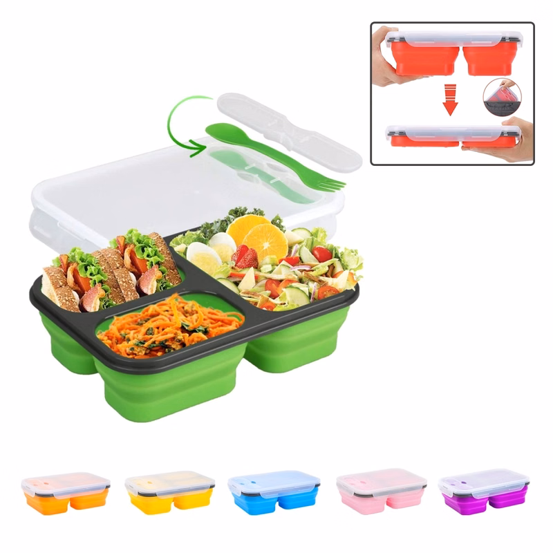 Collapsible Silicone Lunch Boxes with Fork and Spoon