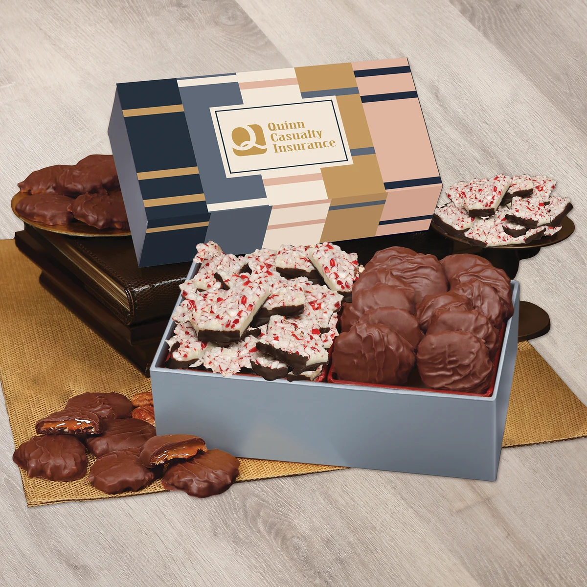 Peppermint Bark & Pecan Clusters in Gift Box with Squares & Lines Sleeve 1