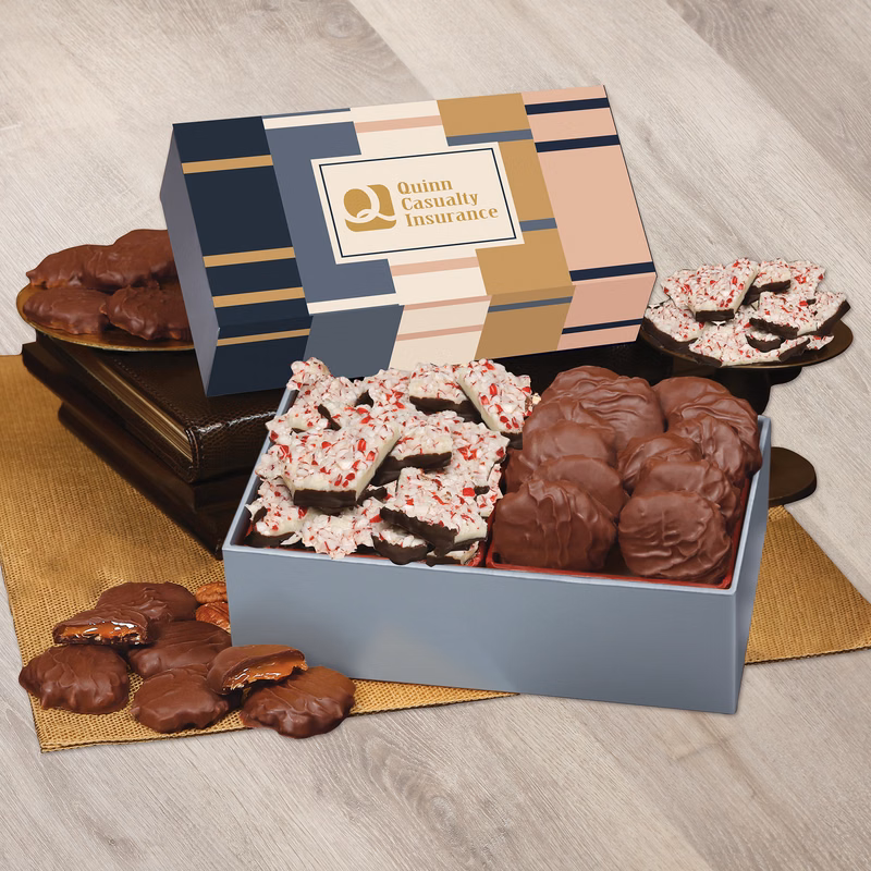 Peppermint Bark & Pecan Clusters in Gift Box with Squares & Lines Sleeve