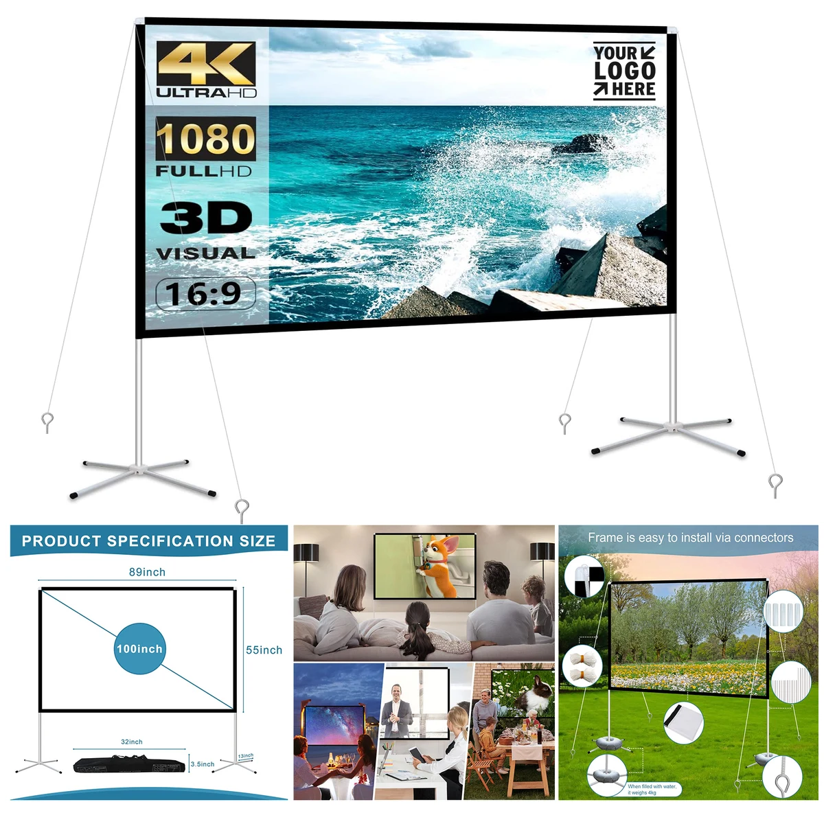 100 Inch Portable Outdoor Indoor Home 16:9 4K HD Movie Projection Screen, Stand with Carry Bag 1