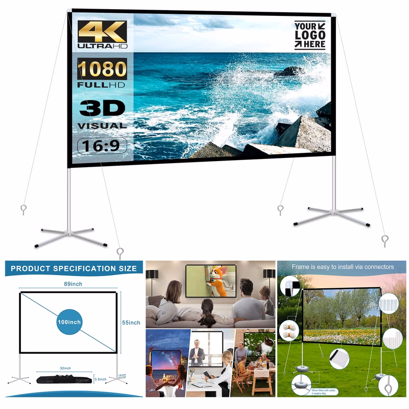 100 Inch Portable Outdoor Indoor Home 16:9 4K HD Movie Projection Screen, Stand with Carry Bag 