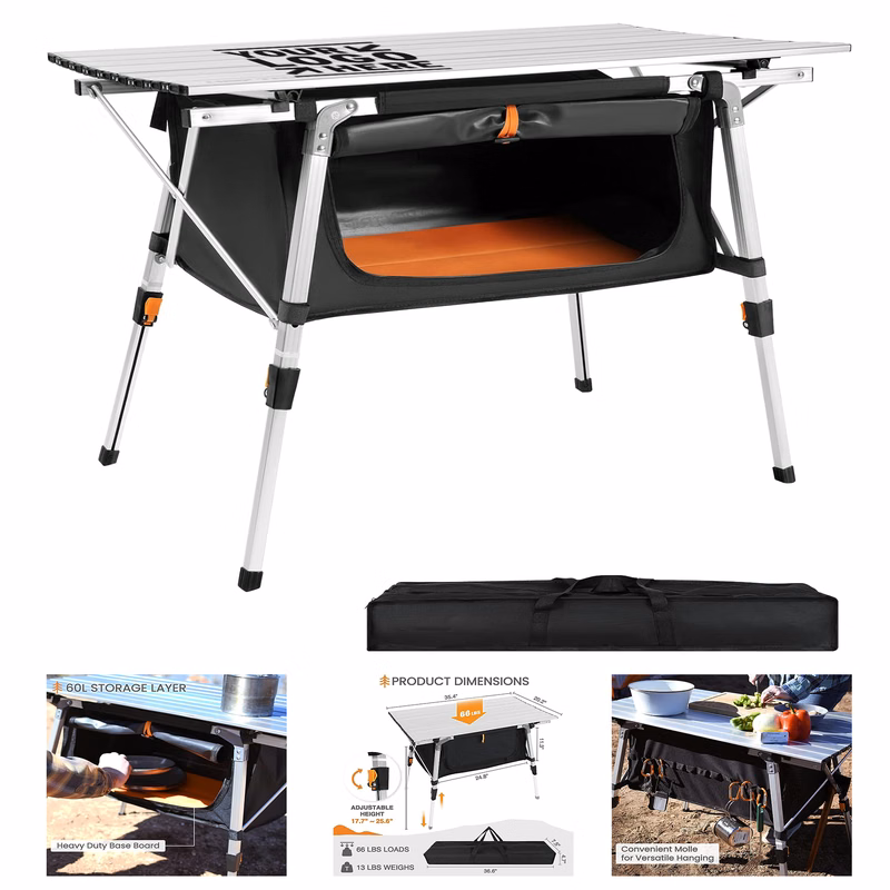 Roll-Up Aluminum Portable Beach Folding Camping Adjustable Height Picnic Table with Storage Bag 