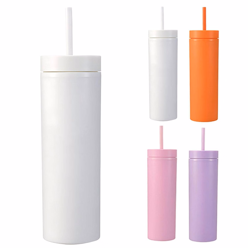 16oz Double-layer Plastic Sports Thermos Cup w/ Straw