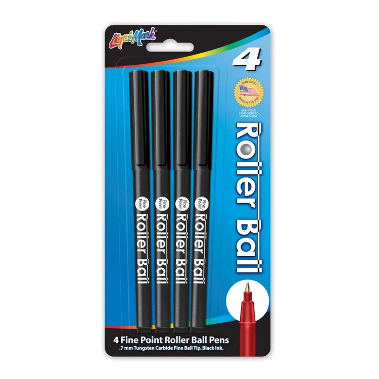 4 Pack Roller Ball Pens, 0.3mm Fine Point - Black - Made in the USA 1