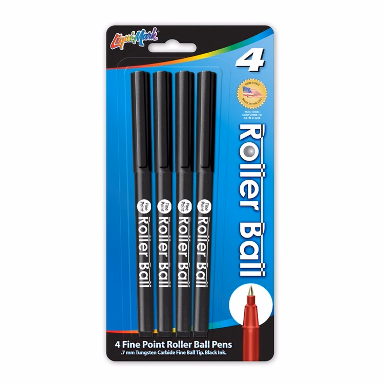 4 Pack Roller Ball Pens, 0.3mm Fine Point - Black - Made in the USA