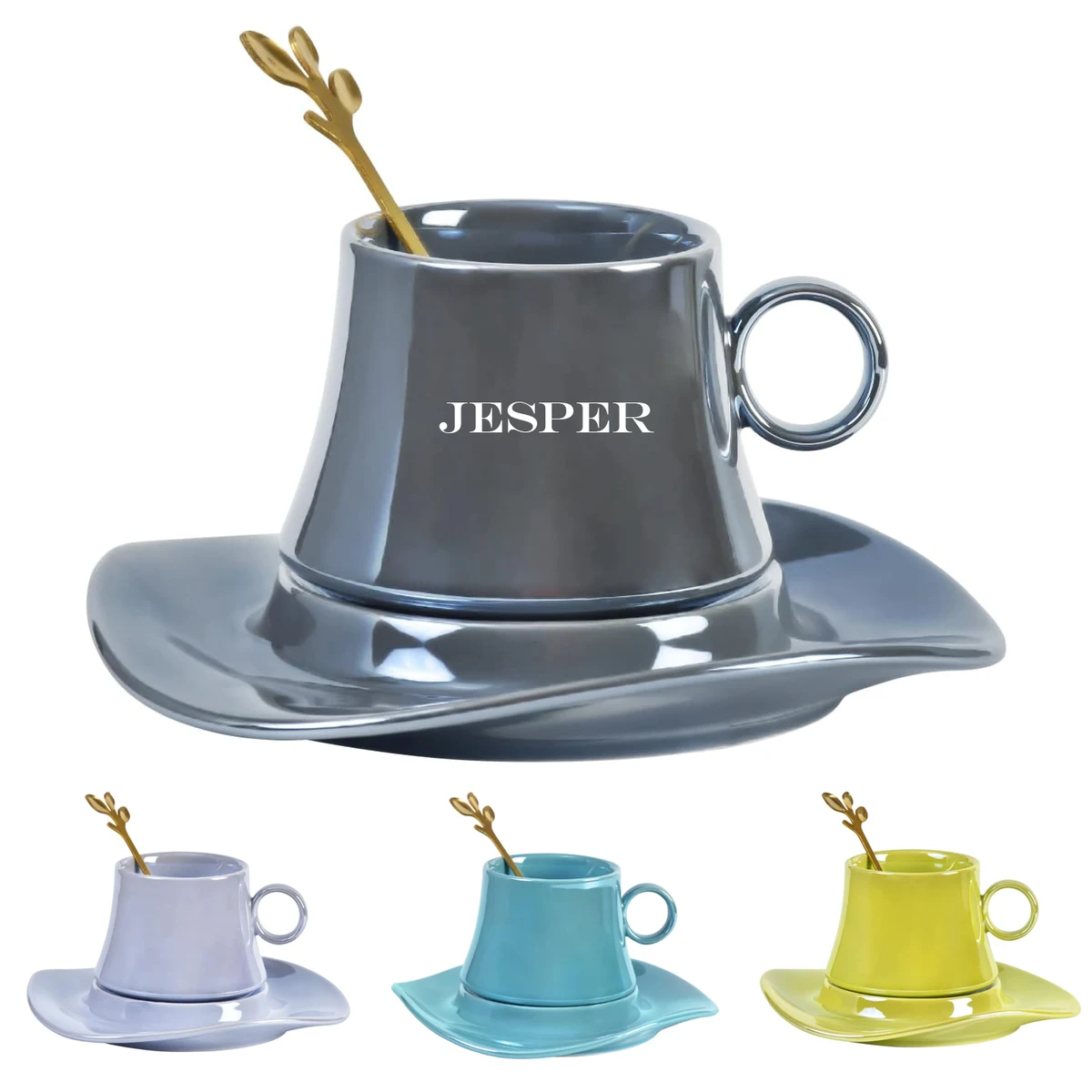 5.5Oz Cute Creative Ceramic Coffee Mug With Saucer Set 1