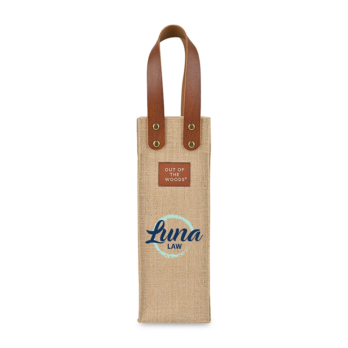 Out of the Woods® Jute Wine Tote, custom tote bag with logo imprint 1