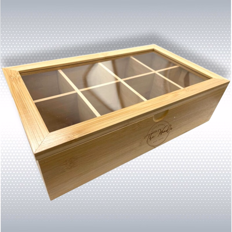 Bamboo Tea Box with 8 Compartments, 12.5" X 7.5" X 3.5"