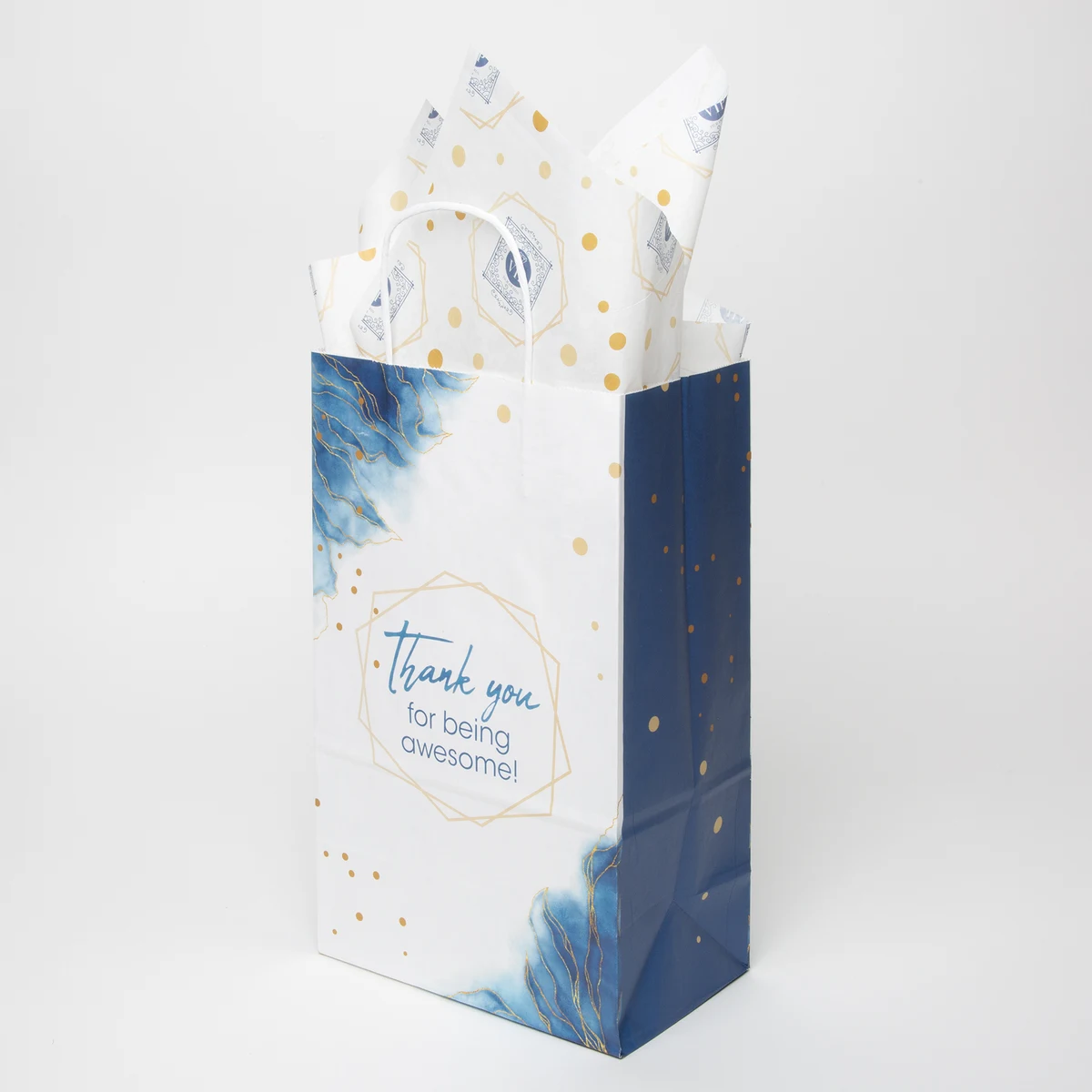 13.375" White Blue Handle Shopper with Tissue Paper Bundle 1