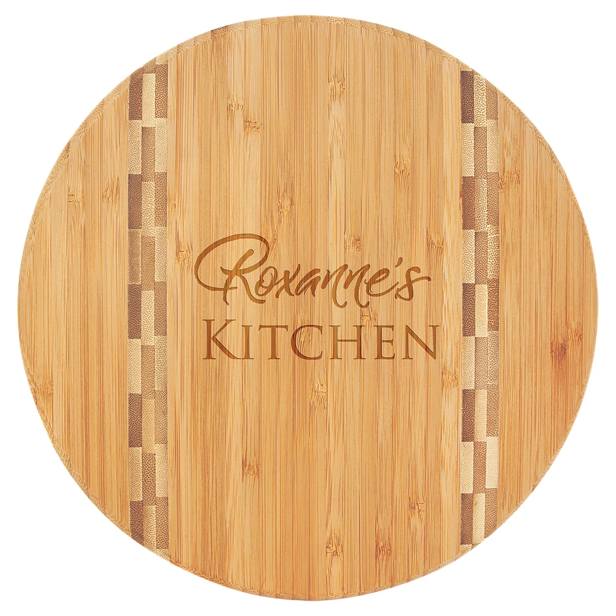 9 3/4" Multi Brown Round Bamboo Cutting Board with Butcher Block Inlay 1