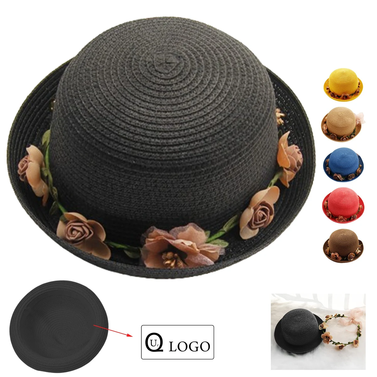 Kids' Dome Flowers Sun Protective Straw Hat 1