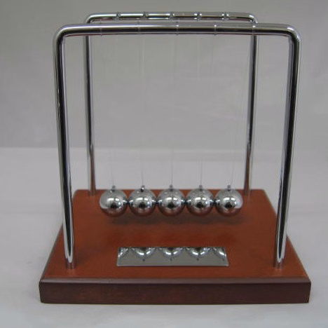 Newtons Cradle with Brown Wood Base and Silver Plate