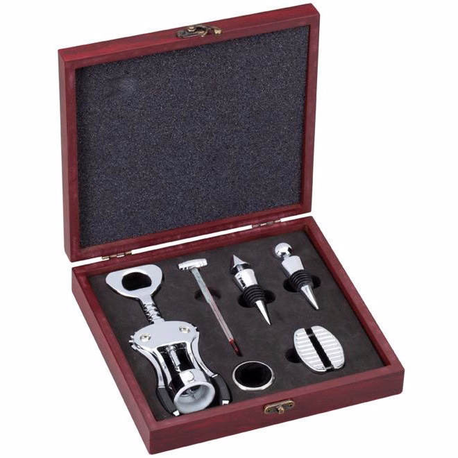 Rosewood Finish 6-Piece Wine Gift Set (engraved plate)
