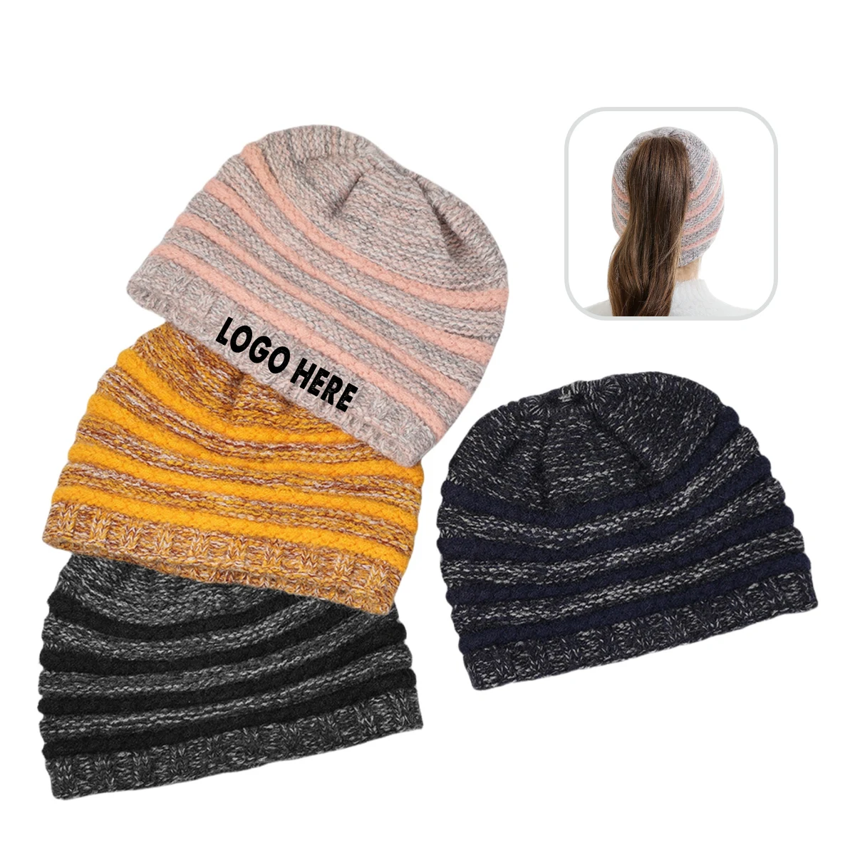 Ponytail Beanie Women Stretch Knitted Crochet 1