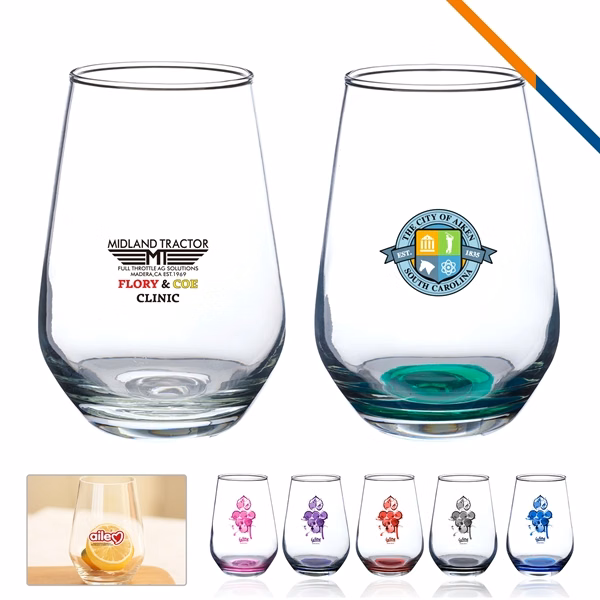 Custom 16 oz Stemless Wine Glasses Orb Design Flared Rim — Executive Promotion