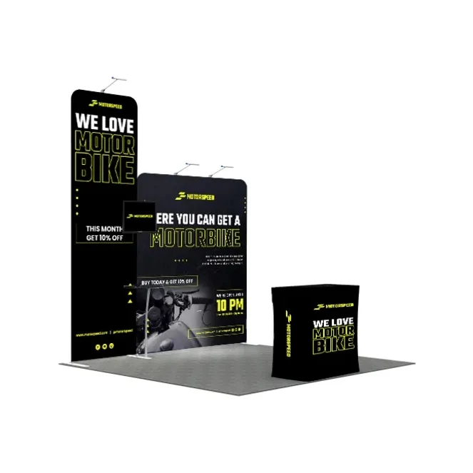 10ft Inline Trade Show Booth – Portable Backwall Display with Counter & Shelving 1