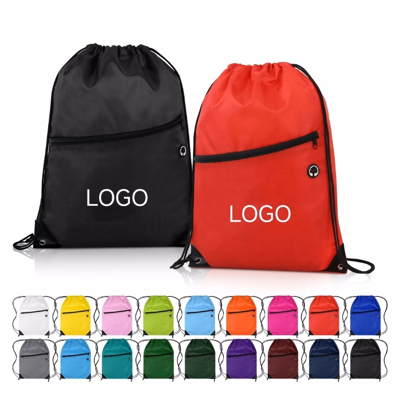 210D Drawstring Backpack W/ Front Zipper Pocket