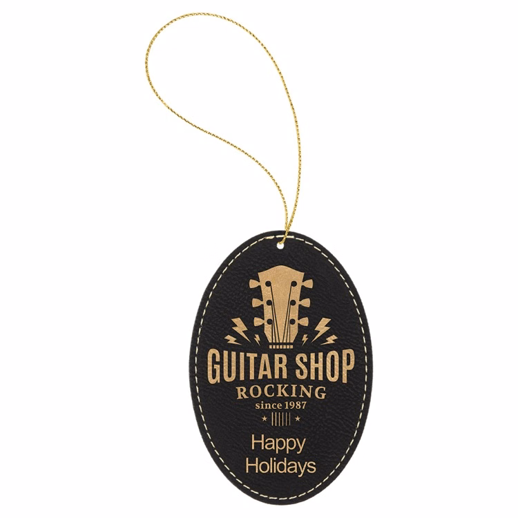 Black/Gold Leatherette Oval Ornament with Gold String