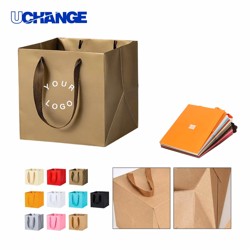 Square Kraft Paper Tote Bag Carrier with Cotton Blend Handles